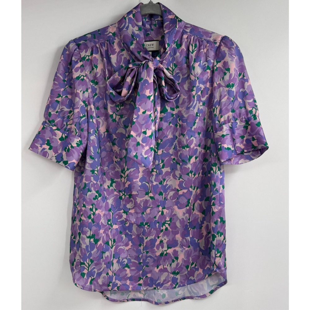 J. Crew Collection Blouse Womens XS Ratti Lilac Floral Collage Tie-Neck Cottage - Picture 2 of 6